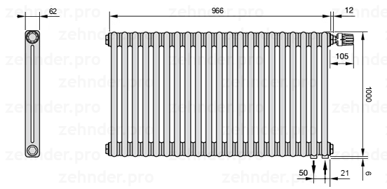 Схема (чертеж) Радиатор Zehnder Charleston 2100/21 №V002 Белый глянцевый RAL 9016